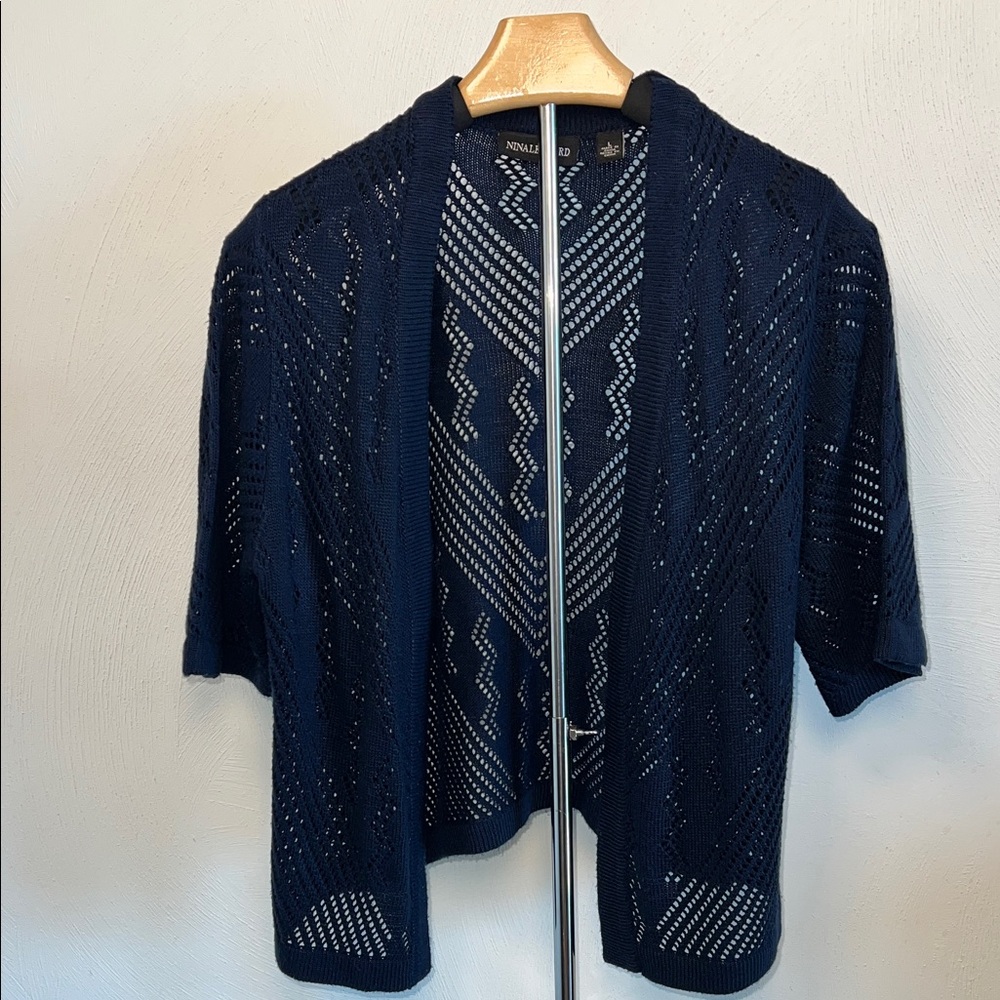 Nina Leonard Navy Open-Knit Cardigan - Picture 5 of 7